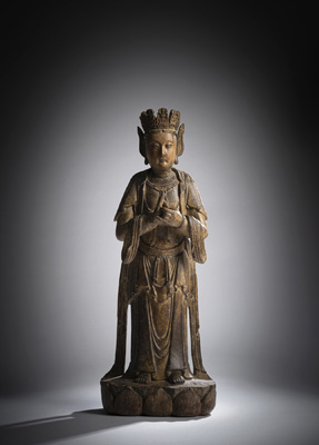 <b>Feine teils vergoldete Holzfigur eines Bodhisattva, vielleicht Guanyin</b>