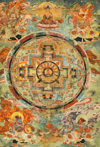 <b>Neunfaches Mandala des „Buddha des Langen Lebens“ - Amitayus. Gouache auf Seide, originale Seidensatin-Einfassung</b>