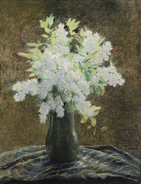 White lilac in a dark vase on a blue blanket. Oil/canvas, signed lower right.