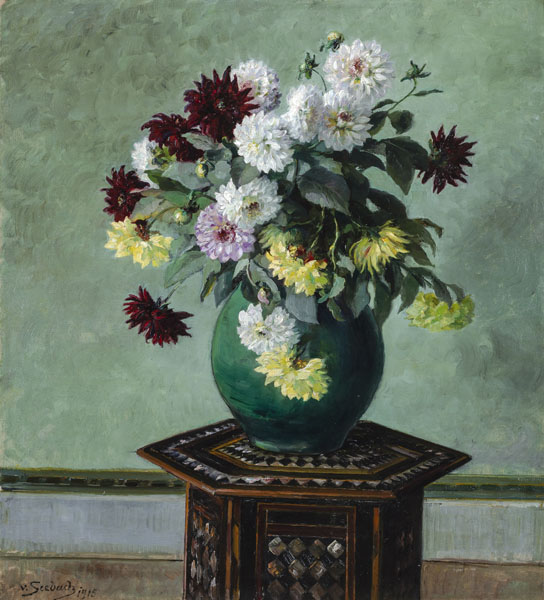 Bouquet of Dahlias in a green vase on an Ottoman table. Oil/canvas, signed and dated 1915.