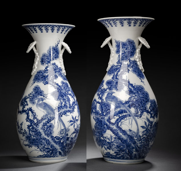 <b>A PAIR OF HIRADO PORCELAIN VASES WITH UNDERGLAZE-BLUE DECORATION OF BIRDS IN PINE TREES</b>