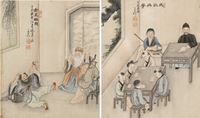 <b>TWO PAINTINGS OF SCHOLAR SCENES: LAO LAI AMUSES HIS PARENTS AND WU XUN TEACHES STUDENTS</b>