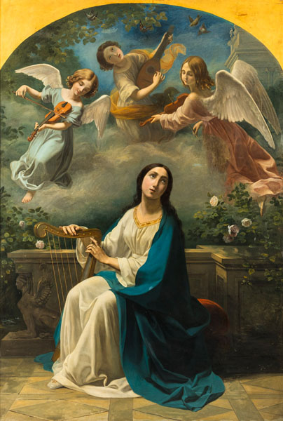 Die heilige Cäcilie mit Engeln vor einer Balustrade. Öl/Lwd., doubl.