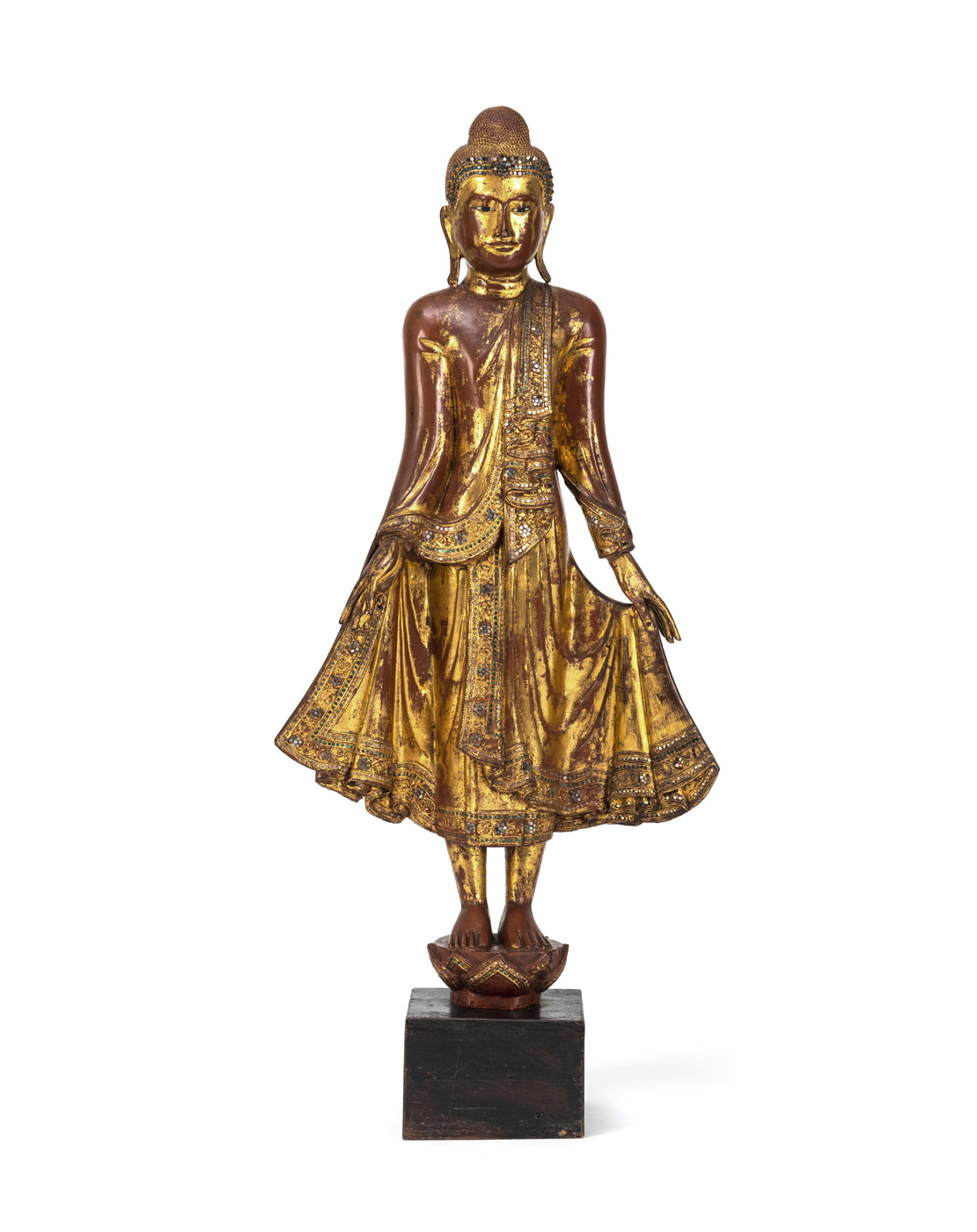 <b>STANDING BUDDHA MADE OF WOOD WITH GOLD LACQUER AND SMALL INLAID MIRRORS</b>