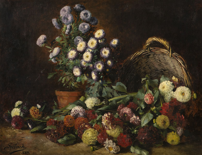 Large still life with mums and a basket. Oil/canvas, signed and dated 1883.