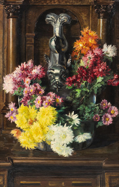 Still life of flowers in a wall fountain of a wood panelling. Oil/canvas, signed and dated 1915 lower right.