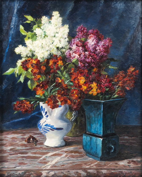 Still life of flowers with three vases on a marble top. Oil/canvas, signed, verso label of the art dealer 