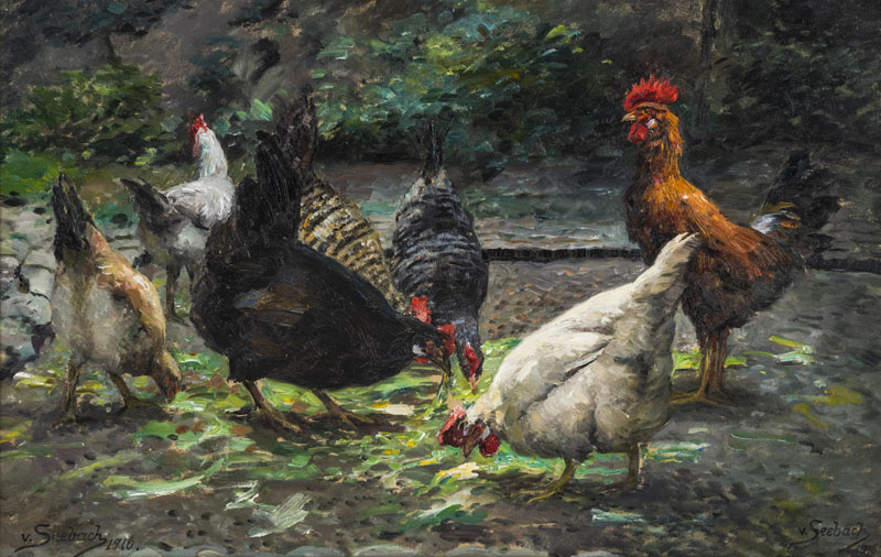 Picking hens outdoors. Oil/canvas, signed and dated 1916.