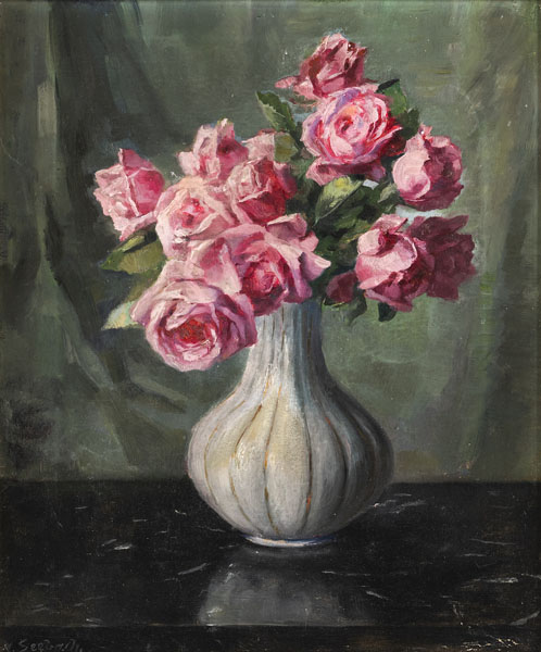 Still life of roses in a white vase. Oil/canvas, signed lower left.
