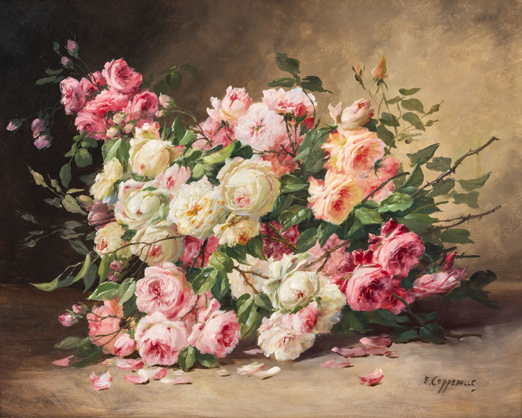 A varicoloured still life of roses. Oil/canvas, signed.