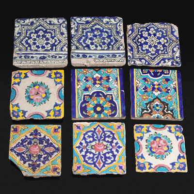 <b>THREE POTTERY TILES IN UNDERGLAZE BLUE AND BLACK AND SIX POLYCHROME PAINTED TILES WITH FLOWER DECORATION</b>