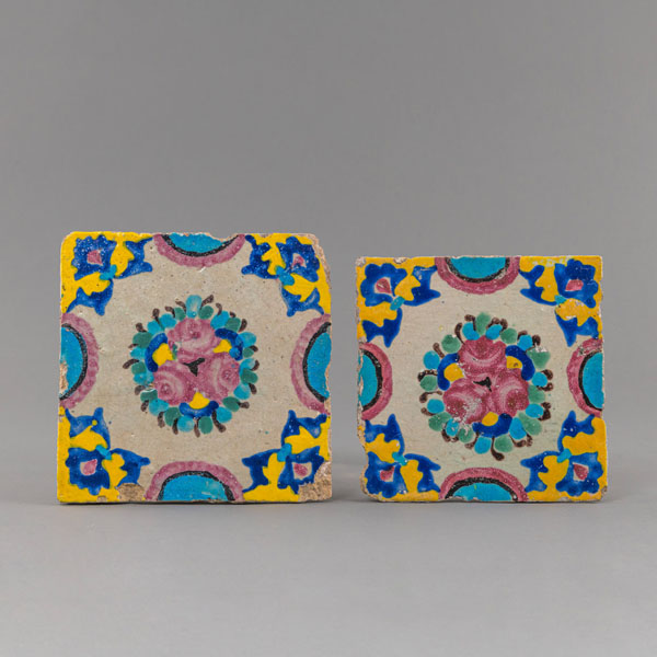 <b>TWO POLYCHROME POTTERY TILES WITH FLOWERS DECORATION</b>