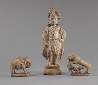 <b>TWO FELINE AND ELEPHANT STONE FIGURES AND A STUCCO FIGURE</b>