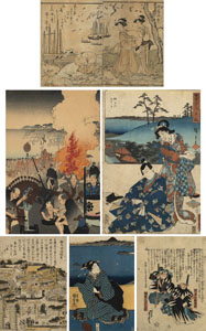 <b>SIX FRAMED WOODBLOCK PRINTS AND BOOK PAGES</b>