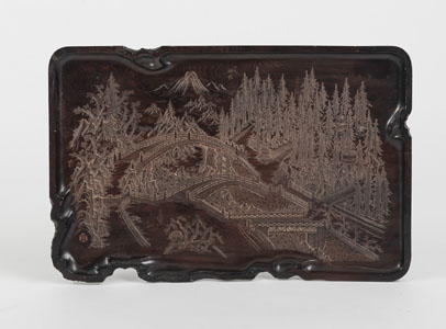 <b>A WOOD TRAY WITH A CARVED RIVER LANDSCAPE AND BRIDGES</b>