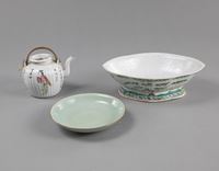 <b>A SMALL CELADON DISH, A TEAPOT, AND A BOWL</b>