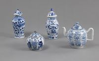 <b>TWO BLUE AND WHITE LIDDED PORCELAIN VASES, A BOX, AND A TEAPOT</b>