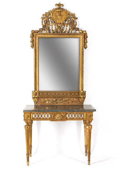 <b>A LOUIS XVI CARVED GILT WOOD MIRROR WITH CONSOLE TABLE</b>