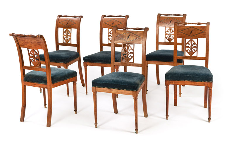<b>A SET OF SIX EMPIRE BRASS BANDED CHERRYWOOD DINING CHAIRS</b>
