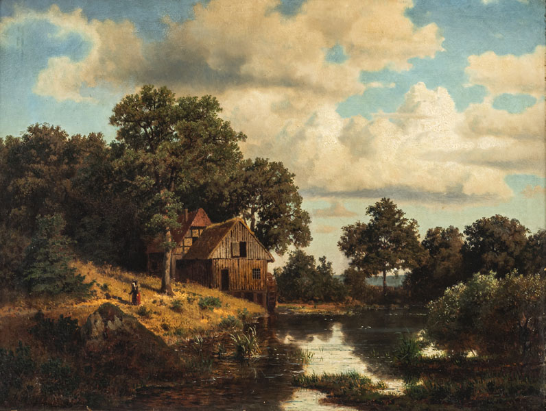 Sommerlandschaft mit Mühle am Fluss. Öl/Lwd./Karton, unten links signiert.