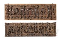 <b>TWO HINDUISTIC DEITIES AND FIGURES IN RELIEF WOOD PANELS</b>
