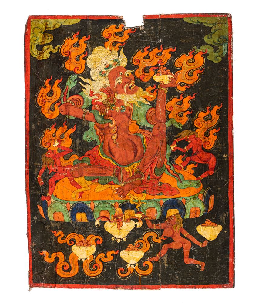 <b>A POLYCHROME WOOD PAINTING OF A BUDDHIST FIGURE ON A LOTUS THRONE</b>