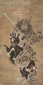 <b>THE DEMON HUNTER SHÔKI HOLDING A SWORD ON A HORSE. INK AND COLORS ON PAPER</b>