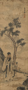 <b>Malerei auf Papier mit einem Gelehrten mit Diener und Kranich unter Baum</b>