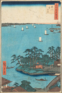 <b>UTAGAWA HIROSHIGE  (1797-1858). ÔBAN-TATE-E FROM THE SERIES 'MEISHO EDO HYAKKEI'. TITLE: SHINAGAWA SUSAKI.</b>