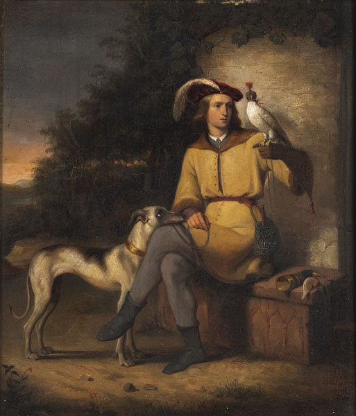 Portrait of a young nobleman with a gyrfalcon and a sighthound. Oil/panel.