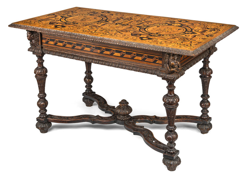 <b>Carved wood, partially colored and fire-shaded. The top richly inlaid with Renaissance ornaments, fruits and grotesques, two cartouches of coat of arms with pseudo-dating 