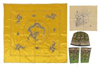 <b>GROUP OF FIVE SILK EMBROIDERIES: TWO YELLOW-GROUND BLANKETS WITH DRAGONS AND IRISES, A BONNET AND TWO SMALL FRAGMENTS</b>
