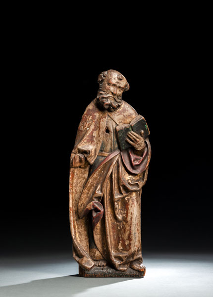 Apostle Peter with a book. Limewood, relief carving. Remnants of old polychromy. Right hand missing. Damages due to age, rest. Surface a little dirty.
