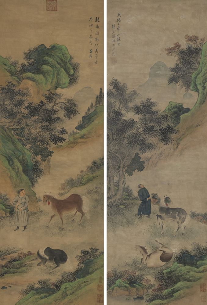 <b>TWO PAINTINGS OF HORSES WITH GROOM</b>