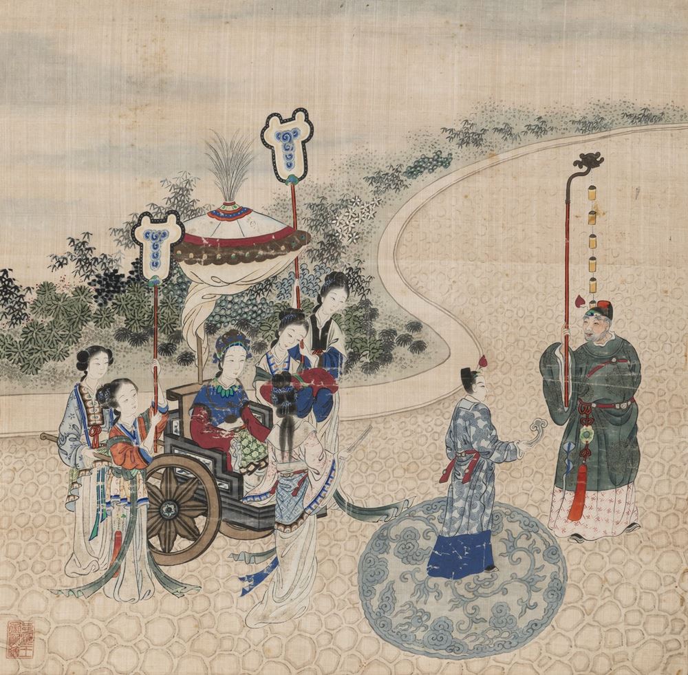 <b>PAINTING ON SILK DEPICTING A LADY OF HIGH RANK SEATED IN A CARRIER WITH ATTENDANTS</b>