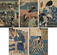 <b>UTAGAWA KUNISADA (1786-1865): FIVE ÔBAN-TATE-E WITH THEATER SCENES</b>