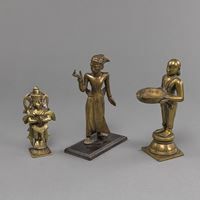 <b>PARTIALLY INLAID BRONZE FIGURES, E.G. HANUMAN, AND AN OIL LAMP</b>