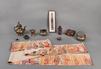 <b>A GROUP OF VARIOUS WORKS, E.G. SMALL OKIMONO OF AN OKAME, CENSERS, HAND WARMER, EWER, SMALL YIXING EWER</b>