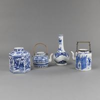 <b>TWO BLUE AND WHITE PORCELAIN EWERS, A BOTTLE VASE, AND A TEA CADDY</b>