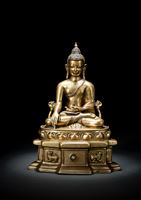<b>Feine Bronze des Buddha Shakyamuni auf einem Thron mit Silbereinlagen</b>