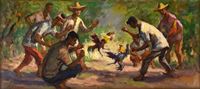 <b>INSCRIBED M. GALVEZ: A PAINTING OF A COCK FIGHT</b>