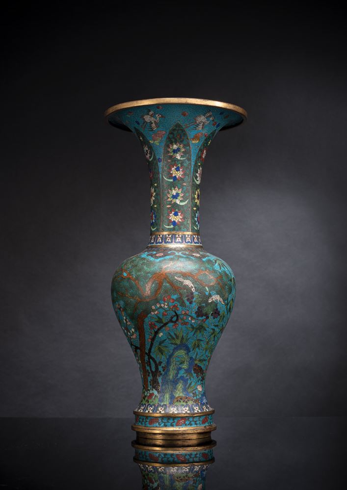 <b>A 'THREE FRIENDS' CLOISONNÉ ENAMEL VASE WITH ANIMALS AND LOTUS, PARTLY GILT</b>