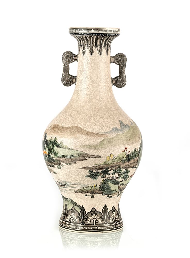 <b>A CRACKLE-GLAZED HANDLED LANDSCAPE VASE</b>