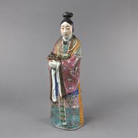 <b>A POLYCHROME ENAMELED PORCELAIN FIGURE OF MA GU WITH A PEACHES BOWL</b>