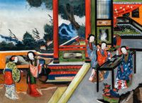 <b>A REVERSE GLASS PAINTING WITH LADIES READING ON A TERRACE</b>