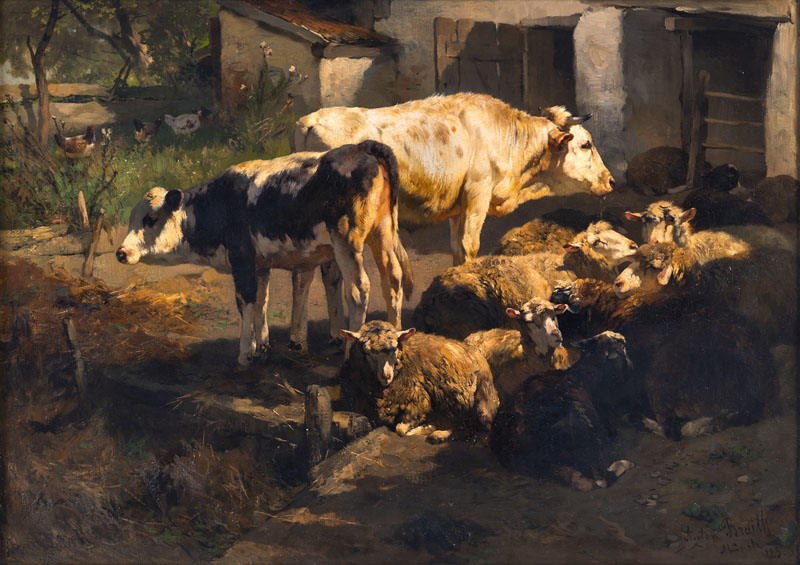 Cows and sheep in the midday sun in front of the stable. Oil/canvas, signed, inscribed and dated 1883 lower right.