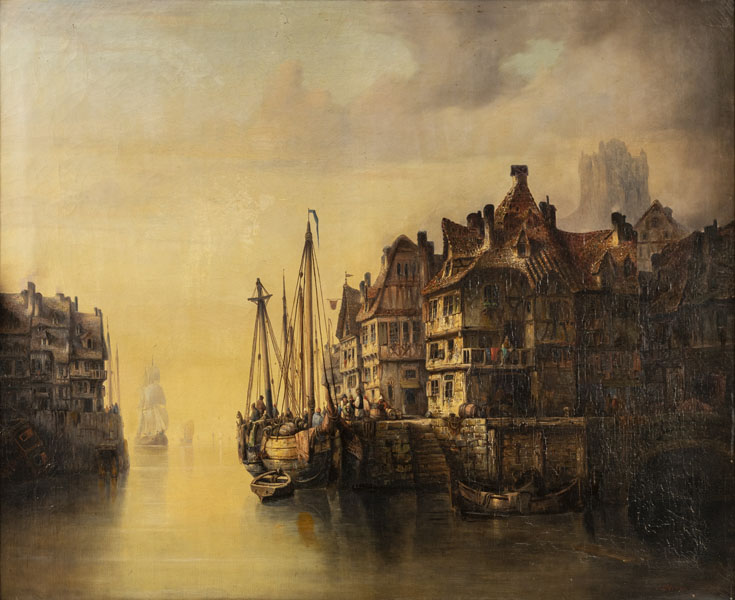 Flusskai einer mittelalterlichen Hafenstadt am frühen Morgen. Öl/Lwd., unten rechts signiert und datiert 1839.
