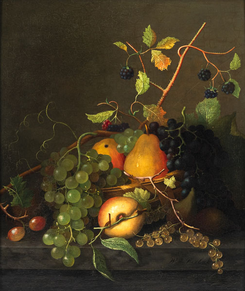 Still life of pears, grapes and blackberries. Oil/panel, signed lower right.