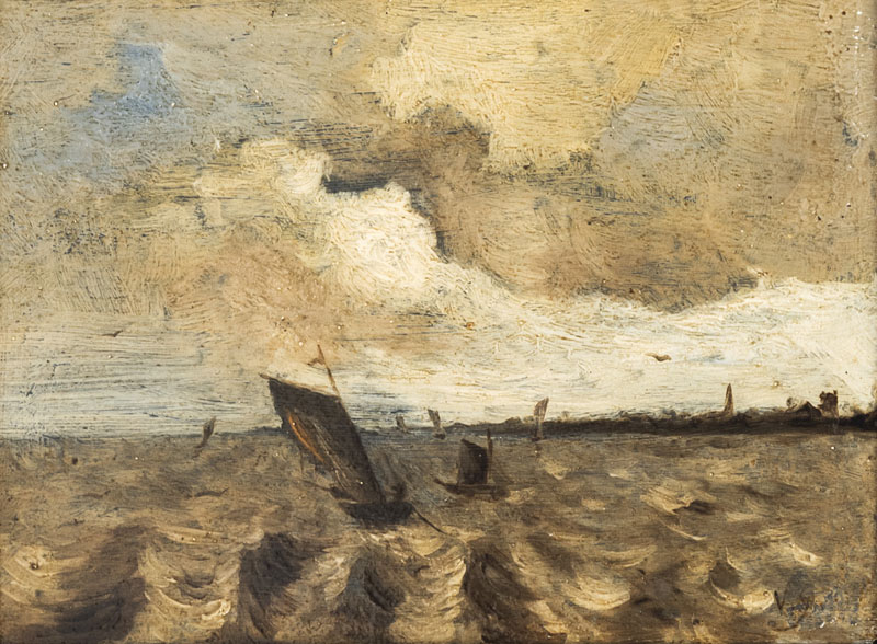 Segelschiffe in aufgewühlter See vor Stadtkulisse. Öl/Holz.