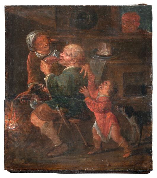Bauernfamilie in der Küche. Öl/Holz, mit Holzplatte hinterlegt.